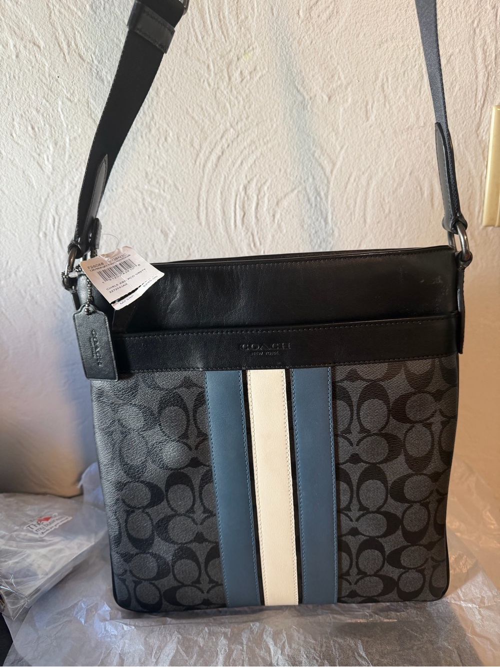 Large Coach Charlie Signature Messenger Bag with Blue and White Center Stripe - Picture 7 of 16